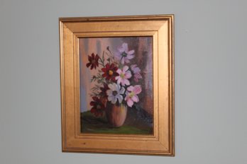 Life Like Painting Of Cosmo Flower Arrangement In Lovely Golden Frame, Signed By Artist