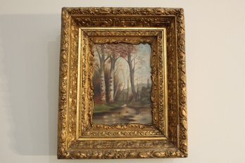 Antique Oil Painting On Canvas-Forest Scene With Stream