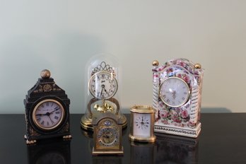 Vintage Swiss Made Tempus Fugit Solid Brass Carriage Clock W/Roman Numbers And Lot Of 4 Table Clocks