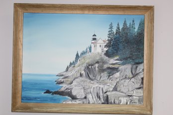 Vintage Signed Oil Painting On Canvas-Lighthouse Painting