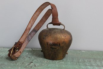 Vintage Solid Brass Or Copper Bell With Leather Strap And Buckle