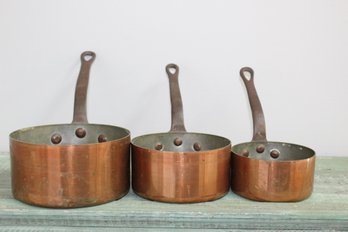 Three Vintage Copper Stacking Pans With Cast Iron Handles