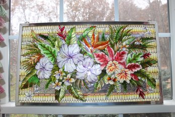 Colored Glass Window Panel Art With Metal Frame-tropical Flowers