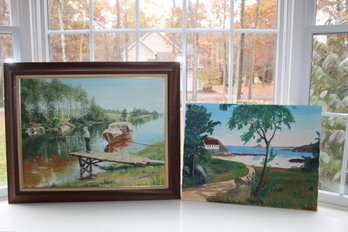 Boy Fishing & Water View Signed Paintings On Canvas In Wooden Frames