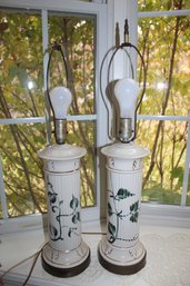 Pair Of Vintage Roman Column Lamps With Painted Ivy