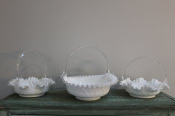 Three Fenton Spanish Lace Silvercrest Milk Glass Baskets