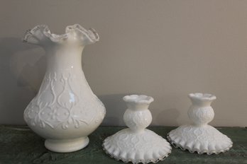 Vintage Silver Crest Spanish Lace Milk Glass Candle Holders And Vase