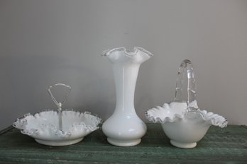 Three Vintage Silver Crest Milk Glass Bridal Basket, Vase, Candy Dish