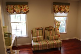 Pair Of Thomasville Pink And Green Wing Back Chairs W/throw Pillows, Curtains And Extra Fabric