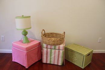 Lamp, Basket, Wicker Basket And Two Ottomans With Storage