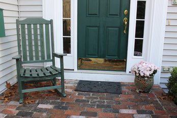 Front Door Decor-Dark Green Pollywood Outdoor Rocking Chair- Metal Planter-Rubber Matt