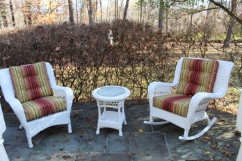 Outdoor Wicker Chair And Rocker And Small Table With Glass Top & Four Cushions