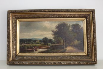 Antique Oil Painting -Landscape Scene Cows At Stream