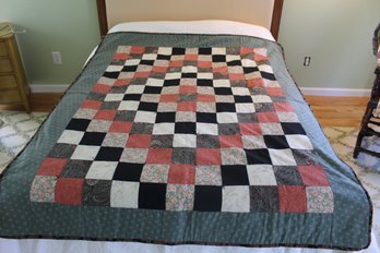 Vintage Handmade Quilt-Floral, Black And Coral