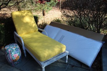 Real Wood (Teak?) Chaise Lounge W/yellow & White Cushion Ceramic Garden Stool W/floral Print