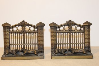 Vintage Bronze Bradley And Hubbard 'B&H', 'Dogs At The Gate' Bookends