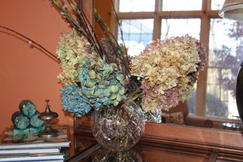 Round Crystal Vase With Dried Hydrangea And Pussy Willows