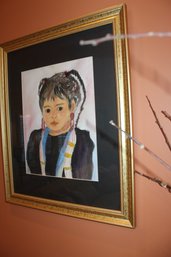 Wall Art-Watercolor And Sketch Of Girl-pretty Black Mat W/gold Colored Frame