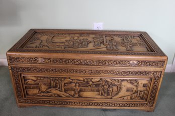 Carved Wooden Chest With Asian Scene