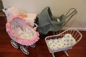 Lot Of Three Baby Doll Strollers And 1 Rocker Vintage Wicker Stroller