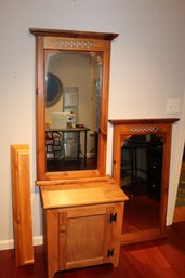 Lot Of Two Heavy Pine Mirrors, End Table With Inside Contents, Wall Shelf