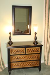 Mirror & Two Working Swirl Design Glass Lamps Cream & Dark Expresso Colors Metal Base And Frame