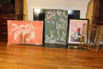 Three Beautiful Large Botanical Painting, Paired With One Bamboo Ornate Frame