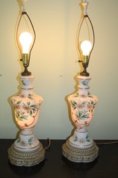 Stunning Details In This Pair Of Beautiful Vintage Hand Painted Lamps With Night Light On Bottom