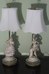 Pair Of Hand Painted Porcelain Victorian Male & Female Figurine Style Vintage Lamps Silk Shades Wales Japan