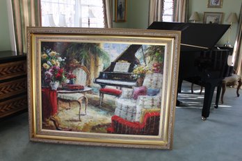 Bright Lively Grand Painting Framed, On Canvas Of Piano Room-signed By Artist Absolutely Beautiful!