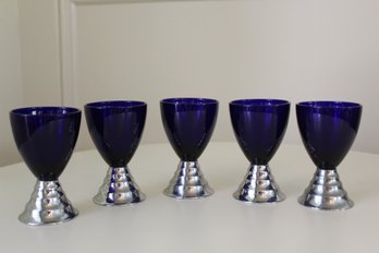 Five MCM Art Deco Cobalt Blue Cordial Glasses