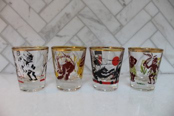4 Vintage Barware Shot Glasses With Cartoon Images (1950's01960's)