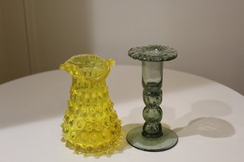 MCM Hobnail Canary Yellow Glass Vase (1960s) And Candlestick Holder