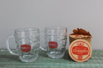 Two Vintage Watney's Dimple Glass Beer Mugs And Schaefer Paper Beer Coasters