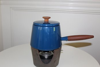 MCM Copco Blue Enamel Fondue Pot With Wooden Handle-Made In Holland