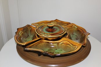 Vintage California Pottery Party Serving Set With Lazy Suzan-Stunning Colors!