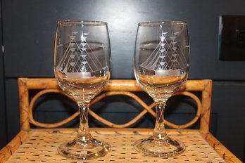 Pair Of Vintage Nautical Etched Clipper Wine Glasses