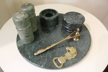 Classic Green Marble Circular Trivet, Coasters, Candle Holder & Brass Bottle Opener, Candle Snuffer