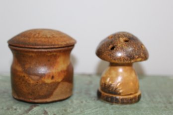 Two Piece Lot, Small Vintage Mushroom Pottery Trinket Container, Mushroom Incense Burner Pottery