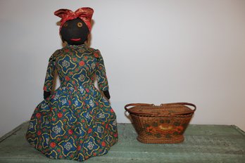 Vintage Woven Hand Painted Basket And African American Folk Art Doll