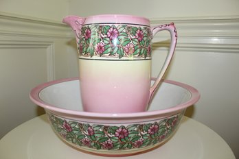 Vintage Winton Ware -Pink Floral Wash Pitcher And Bowl Set