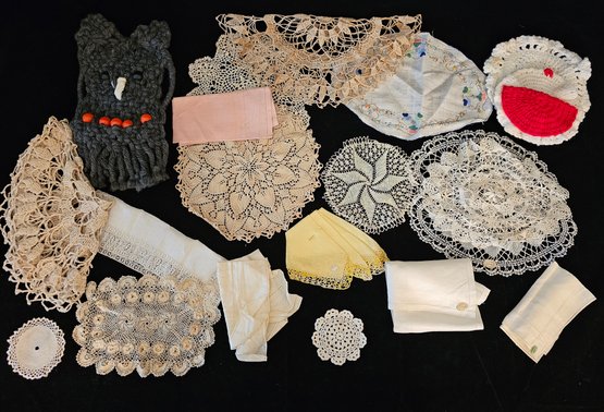 Vintage Linens Incl. Crocheted And Knitted Doilies, Macrame Owl, Cloth Napkins, And More