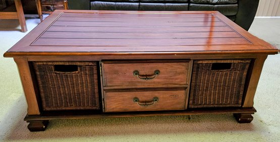 Espresso Farm House Wood Coffee Table W 3 Large Storage Compartments & Rollers On Feet