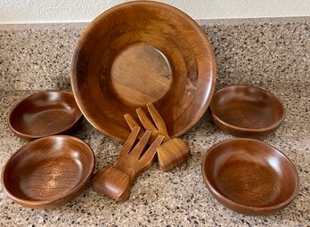 Wooden Salad Bowl Set With Salad Hands, Horizon Pottery Plate & Handmade Wooden Expandable Hotplate