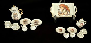 2 M.J. Hummel German Porcelain Miniature Tea Sets With Goldtone Trim