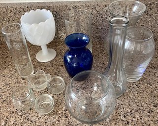 Assortment Of Glass Vases Incl Milk Glass Pineapple Cup & Candle Holders