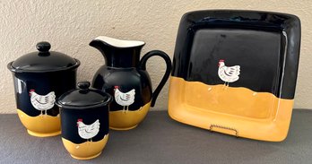 Ceramic Chicken Lot Incl 2 Lidded Canisters, Pitcher & Platter