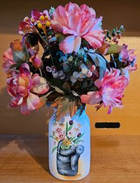 Faux Flower Bouquet In Hand Painted Mason Jar