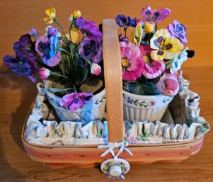 Longeberger Basket With Ceramic Potted Faux Flower Bouquets