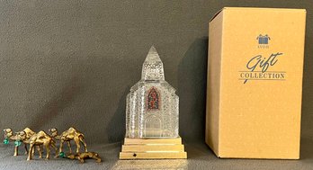 Vintage Lot Of 4 Brass Camels & Avon Silent Night Light Up Crystal Glass Church